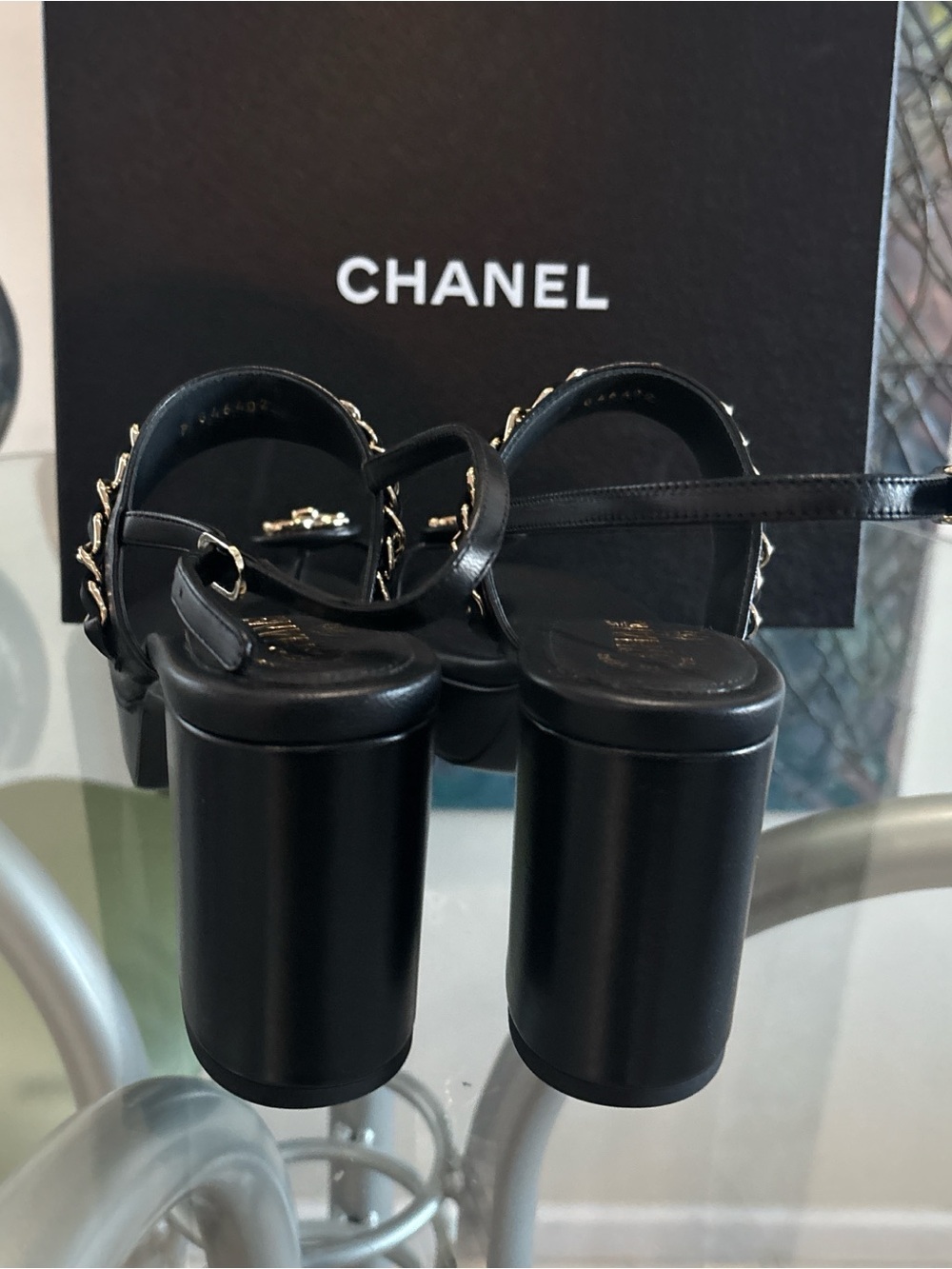 CHANEL Black Leather Platform Slingback Sandals with Gold Chain - Picture 3 of 3